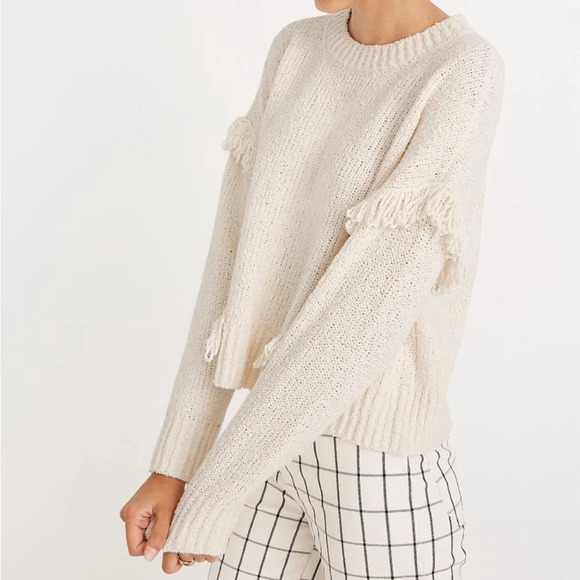 Madewell Montford Fringe‎ Pullover Sweater, Pearl Ivory, Size L, Women’s Cropped - Picture 3 of 11
